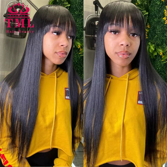 Bone Straight Human Hair Wigs With Bang Full Machine Made Wigs Natural Color Glueless Peruvian Straight Remy Human Hair Wigs
