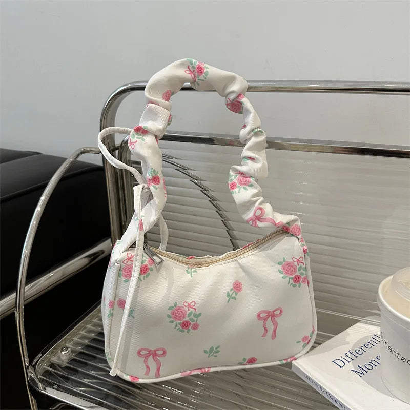 Gentle and Sweet Flower Canvas Bag for Women 2025 New Drawstring Shoulder Bag High Beauty Broken Flower Bow