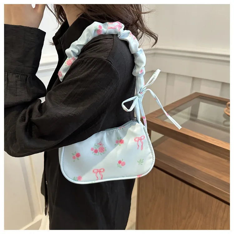 Gentle and Sweet Flower Canvas Bag for Women 2025 New Drawstring Shoulder Bag High Beauty Broken Flower Bow