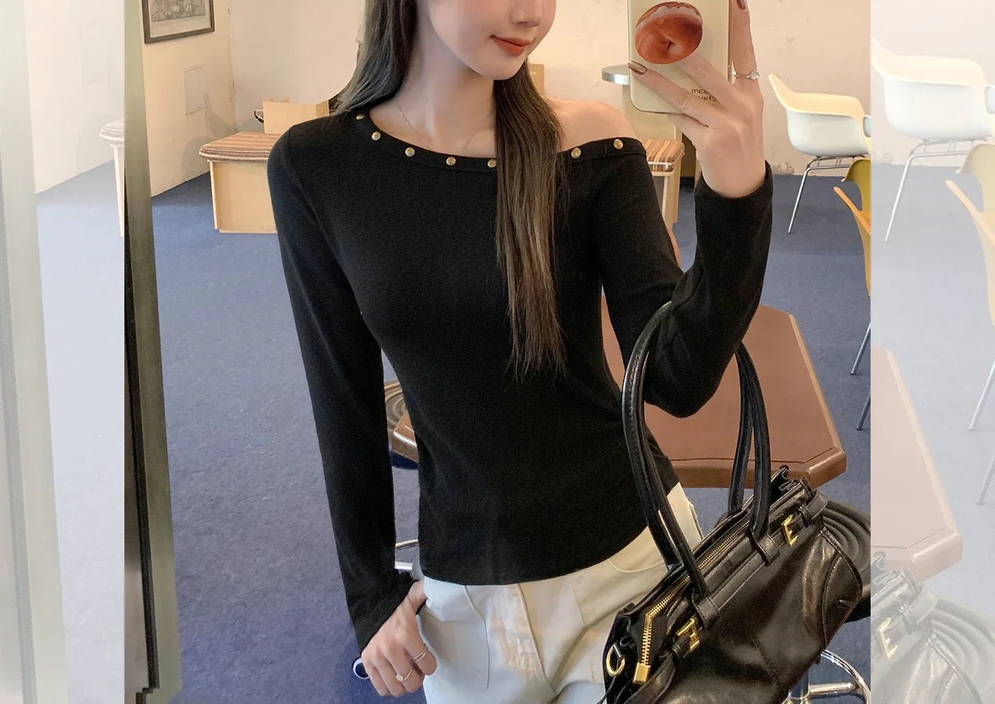 Sexy Slanted Shoulder Bottom T-shirts for Women 2025 Autumn New Black Long Sleeve Casual Slim Fit Women's Tops T-shirts