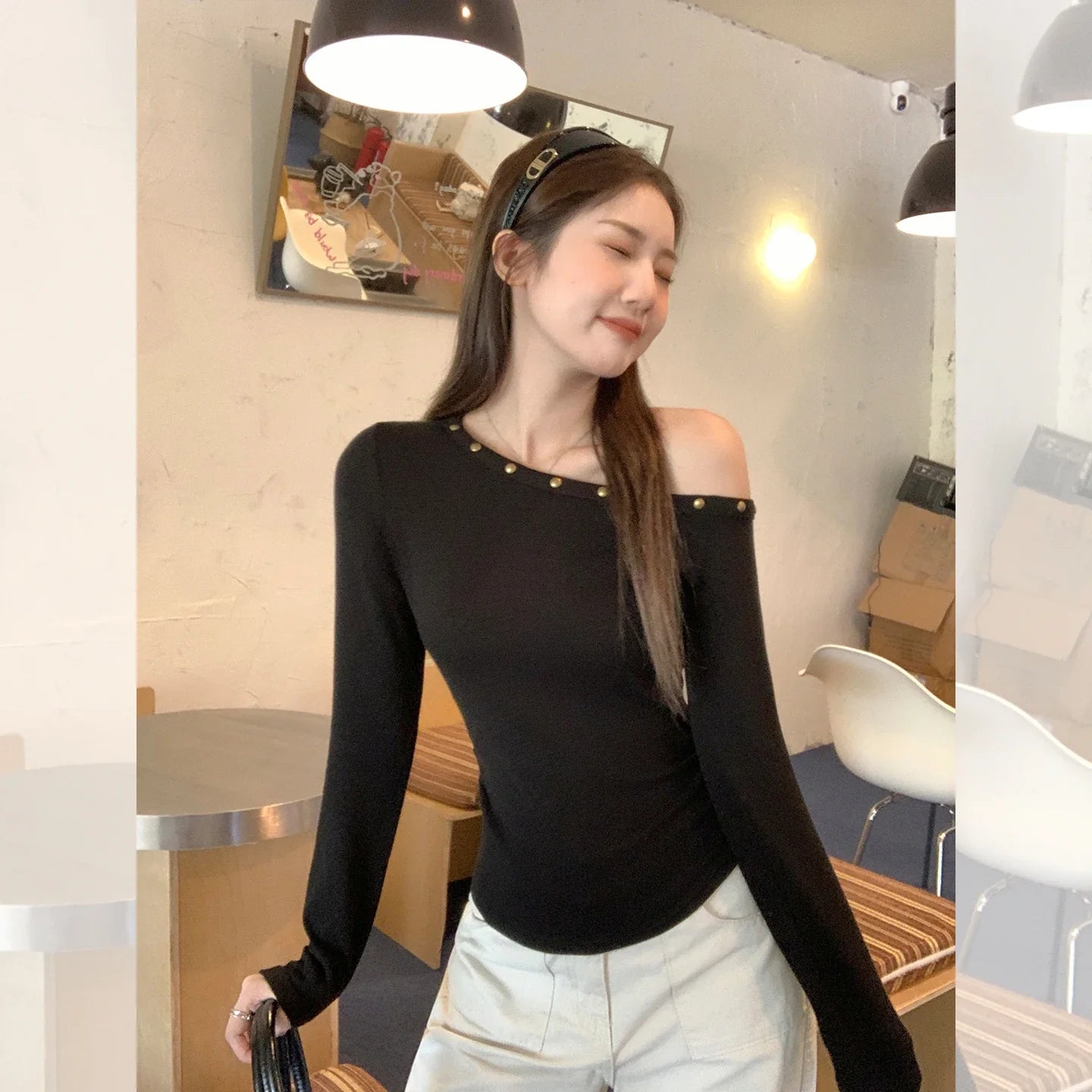Sexy Slanted Shoulder Bottom T-shirts for Women 2025 Autumn New Black Long Sleeve Casual Slim Fit Women's Tops T-shirts