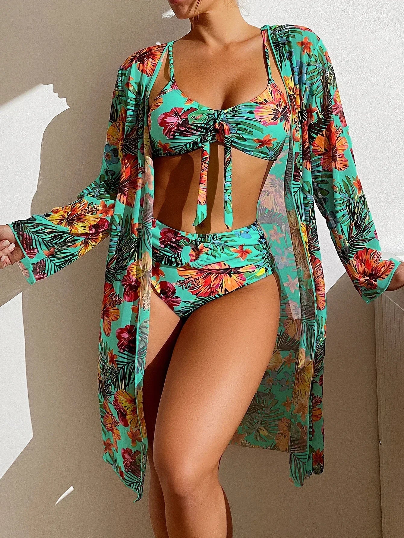 Sexy Women Beach Bikinis Three Pieces Bikini Set Cover Up Swimwear High Waisted Bikini Set Women Swimwear Print