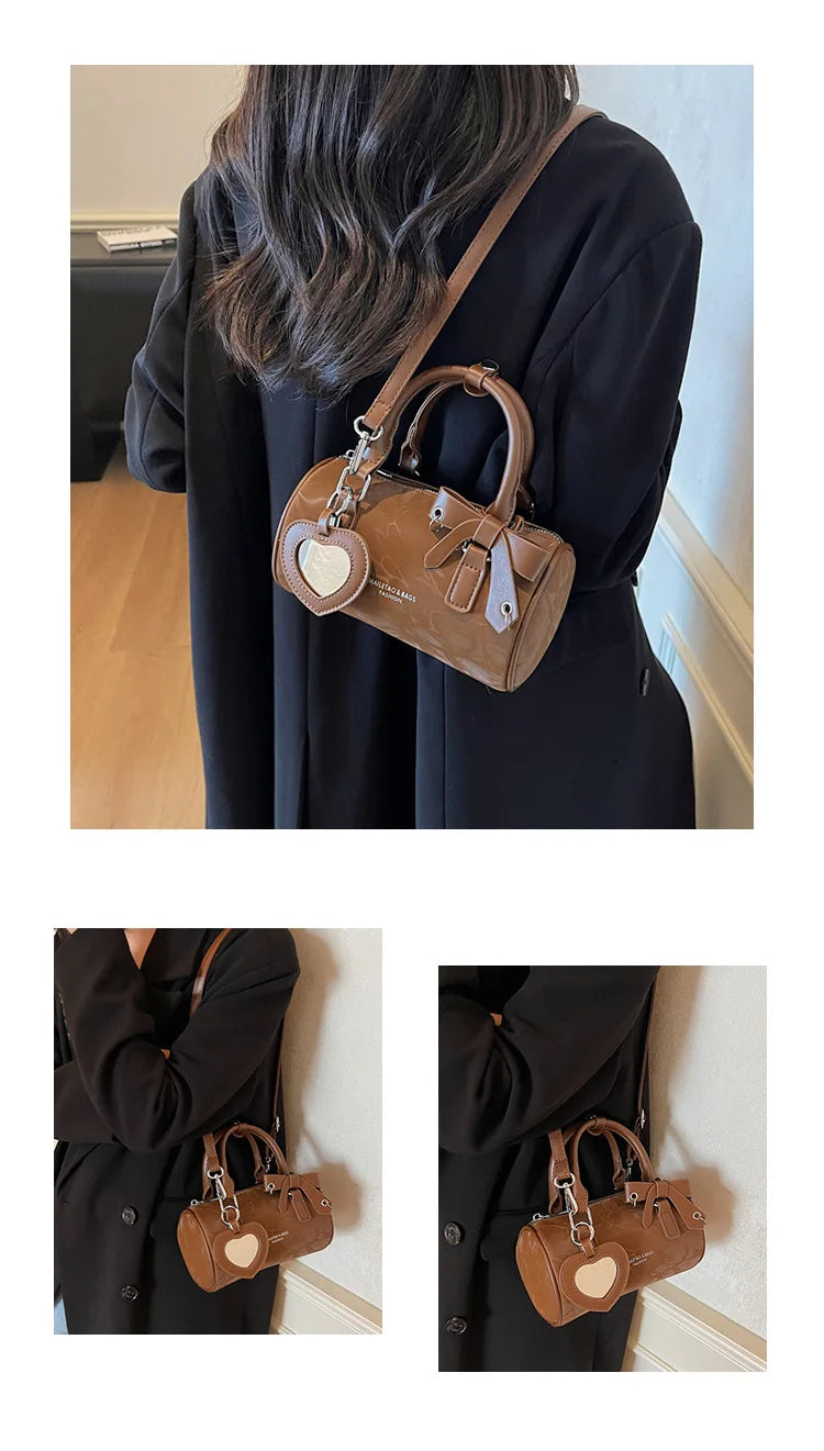 2025 Bow-Embellished Boston Bag Women Fashion Shoulder Crossbody Purse Stylish Cylinder Handbag for Work Travel Outings