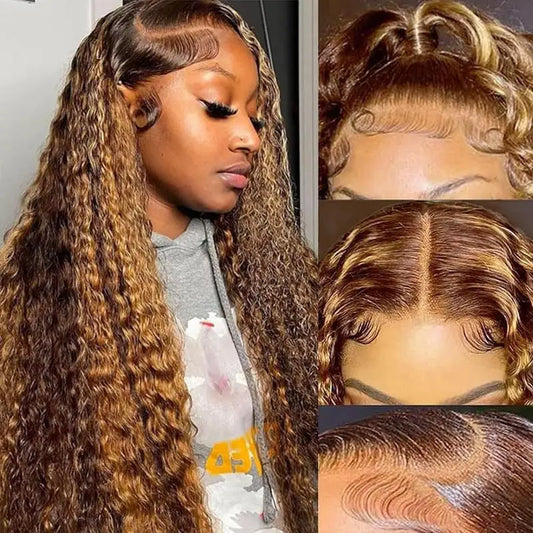 4/27 Curly Wigs 13x4 Highlight Deep Wave Wig Human Hair Ombre Honey Blonde Brown Colored Brazilian Water Wave Human Hair Wig