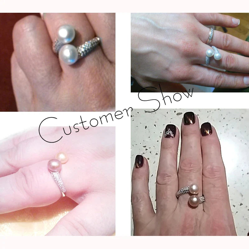 Real Natural Freshwater Black Double Pearl Ring Women,Exquisite 925 Sterling Silver Ring Fine Jewelry Adjustable