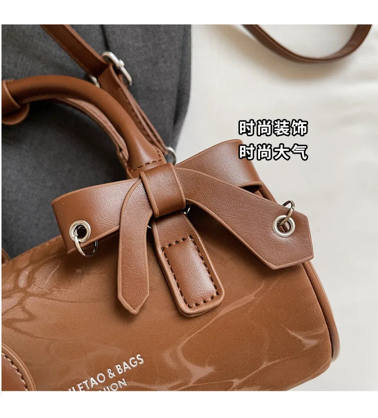 2025 Bow-Embellished Boston Bag Women Fashion Shoulder Crossbody Purse Stylish Cylinder Handbag for Work Travel Outings