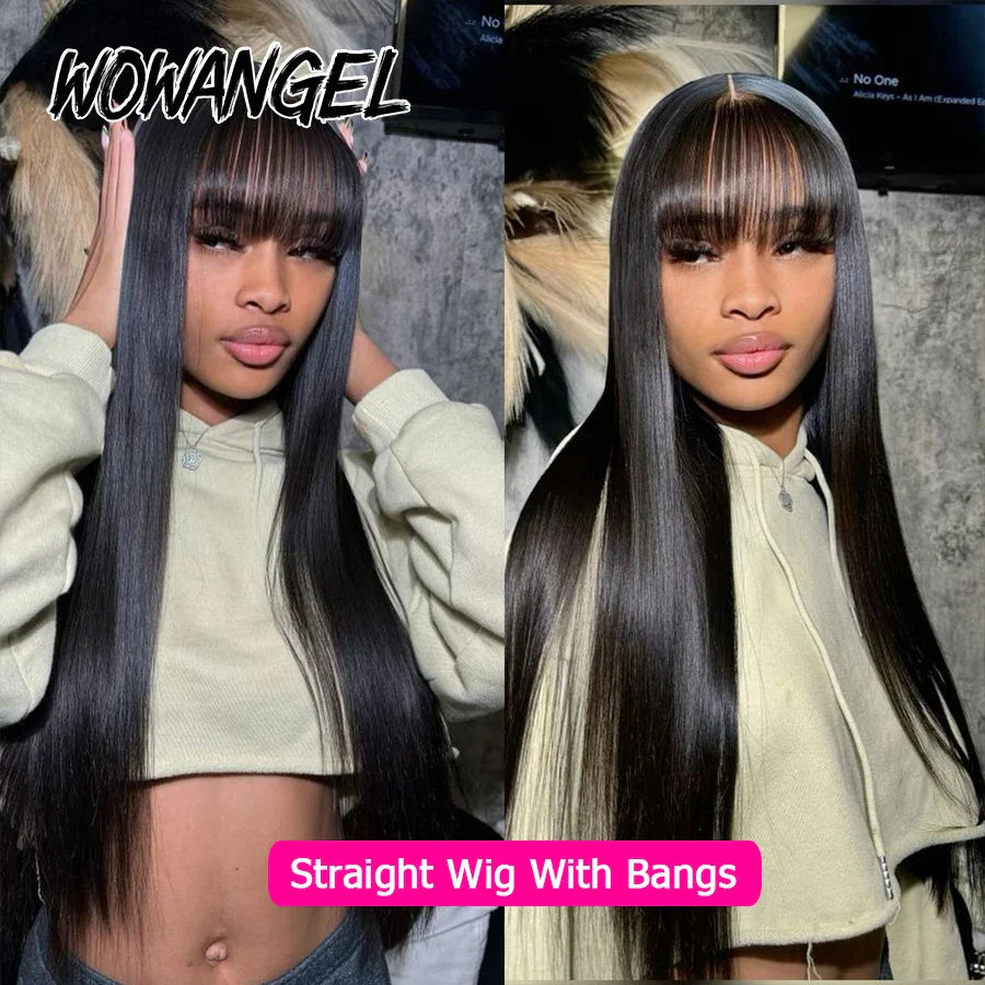WOWANGEL Bone Straight Wig With Bangs 13x6 HD Lace Front Human Hair Wig Brazilian Vrigin Skinlike HD Lace Frontal Wigs For Women
