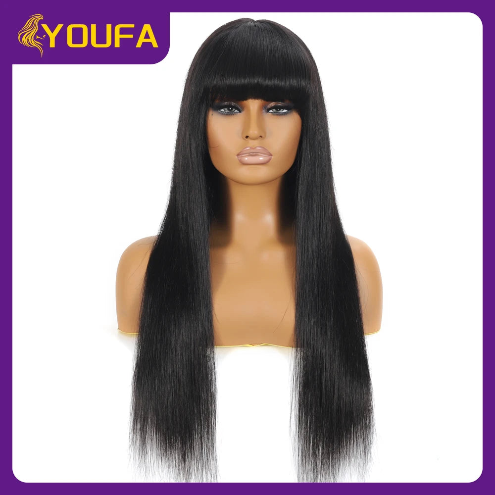 Scalp Deep Wave Human Hair Wigs 3 Inch Scalp Hairline Realistic Look Human Hair Bang Wigs 250 Density Loose Deep Wig With Bangs