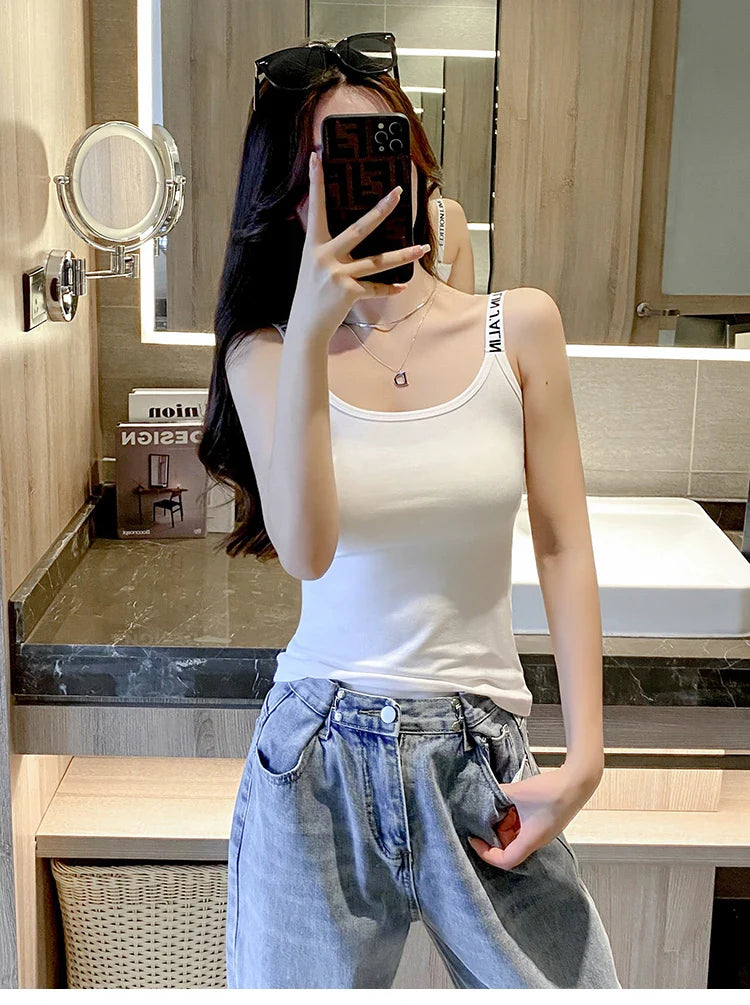 Cotton Camisole Bottom Shirt Tank Top Women Inner White Short Slim Outerwear Tops Sporty Bottom Letter Shoulder Strap