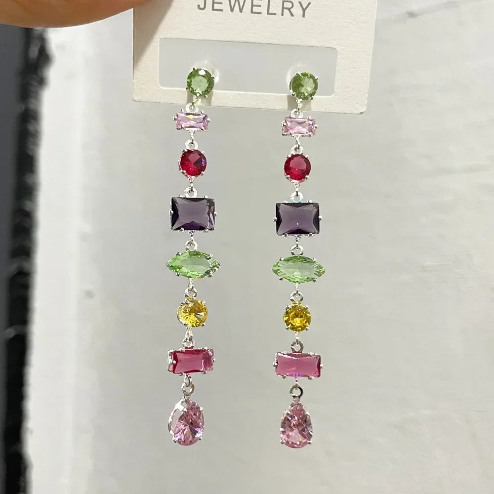 Luxury Rainbow Crystal Dangle Drop Earrings for Women Wedding Party Jewelry Accessories Gorgeous Cubic Zirconia Bridal Brincos