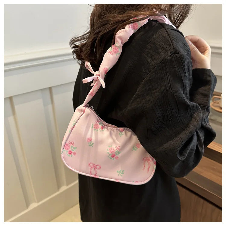 Gentle and Sweet Flower Canvas Bag for Women 2025 New Drawstring Shoulder Bag High Beauty Broken Flower Bow