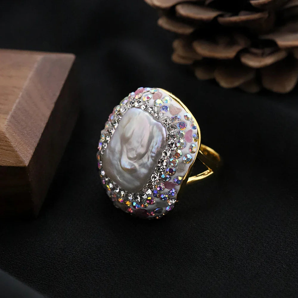 Baroque Pearl Inlaid Tourmaline Ring for Women Personalized Fashion Elegant Luxury Simple Ladies Banquet Exquisite JewelryGR0409