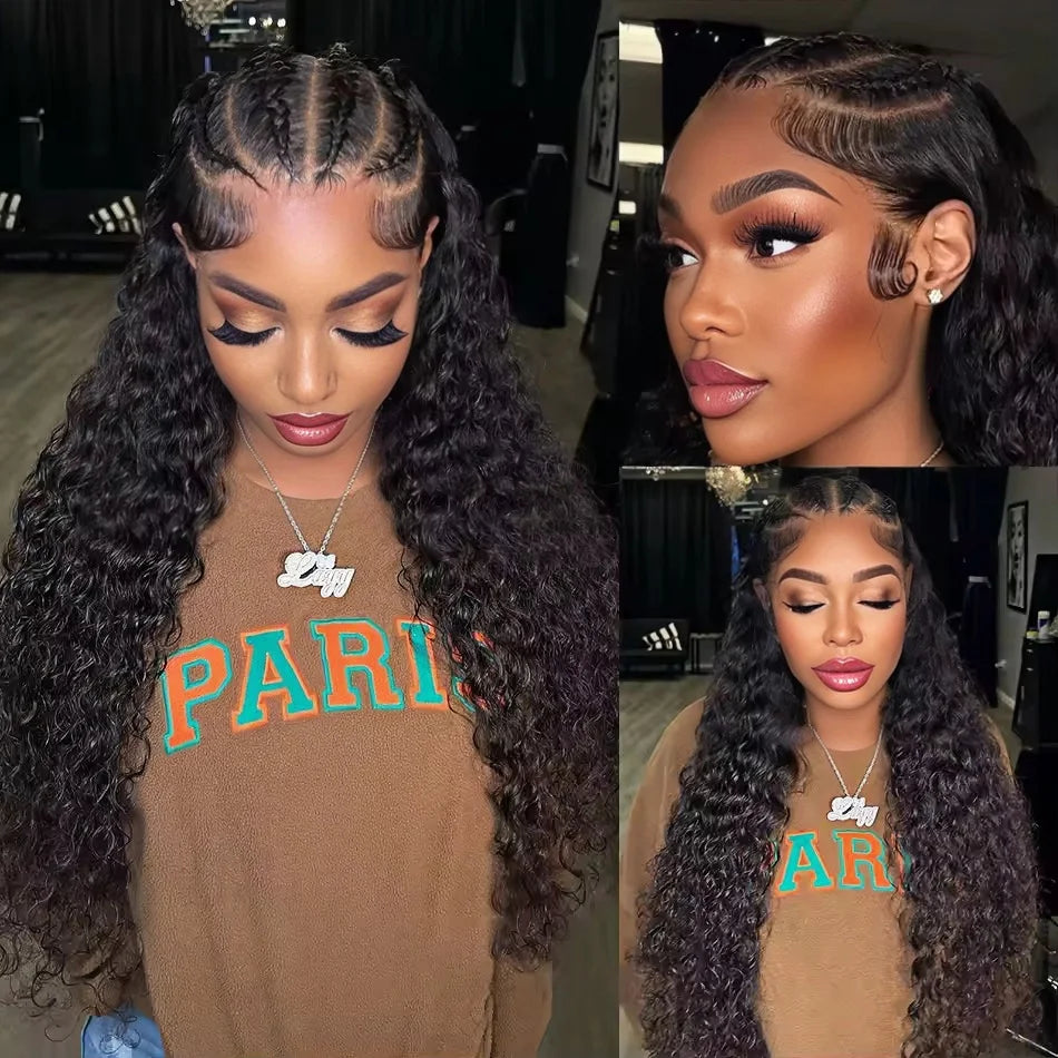 Deep Wave Pre Braided Wigs 13x4 HD Lace Frontal Black Human Hair Curly Wigs boho braids Water Wave Brazilian human hair Wigs