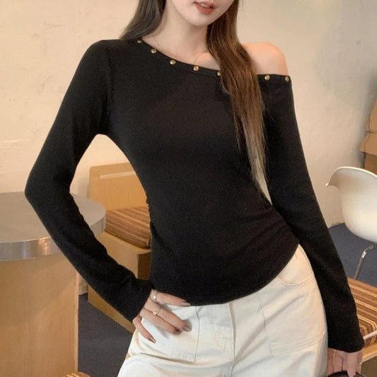 Sexy Slanted Shoulder Bottom T-shirts for Women 2025 Autumn New Black Long Sleeve Casual Slim Fit Women's Tops T-shirts