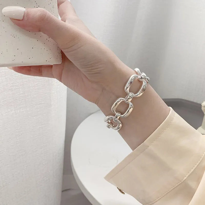 925 Sterling Silver Bracelets for Women Trend Hip Hop Vintage Thick Chain Creative Hollow Geometric Design Party Jewelry