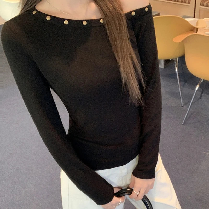 Sexy Slanted Shoulder Bottom T-shirts for Women 2025 Autumn New Black Long Sleeve Casual Slim Fit Women's Tops T-shirts