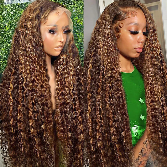 Deep Curly Wigs Human Hair Highlight 13x4 Lace Front Human Hair Wigs Colored Transparent Water Wave Lace Frontal Wig For Women