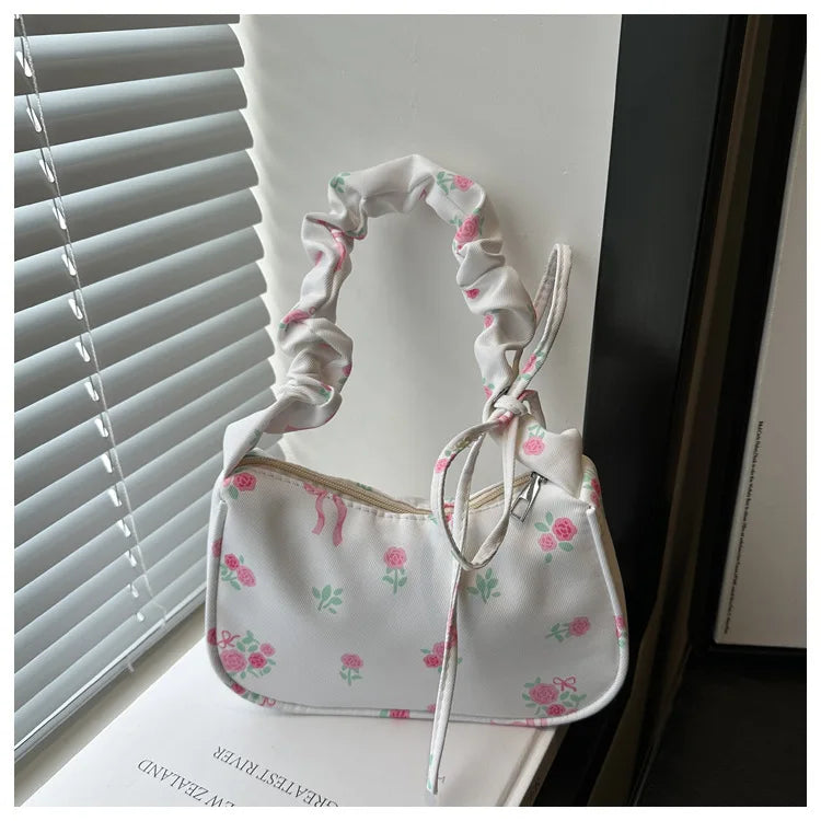 Gentle and Sweet Flower Canvas Bag for Women 2025 New Drawstring Shoulder Bag High Beauty Broken Flower Bow