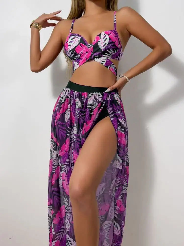 2025 New Sexy 3 Piece Bikini Set Black Push Up Bikini with Leaf Print, Low Waist Bottoms & Skirt Women's Swimsuit
