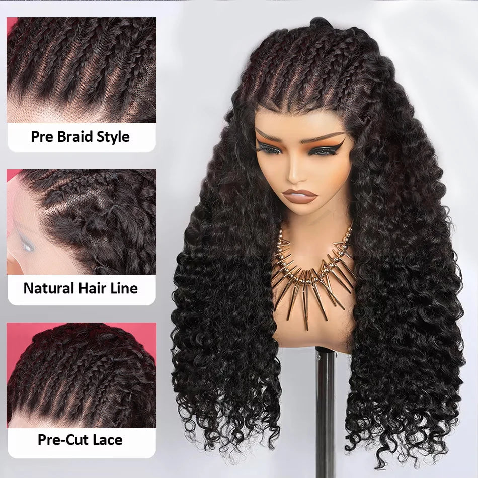 Head Braided Wigs Human Hair Deep Curly Wave 13x4 Lace Front Wigs Human Hair Bleach Knots Pre Plucked 180% Density Natural Color