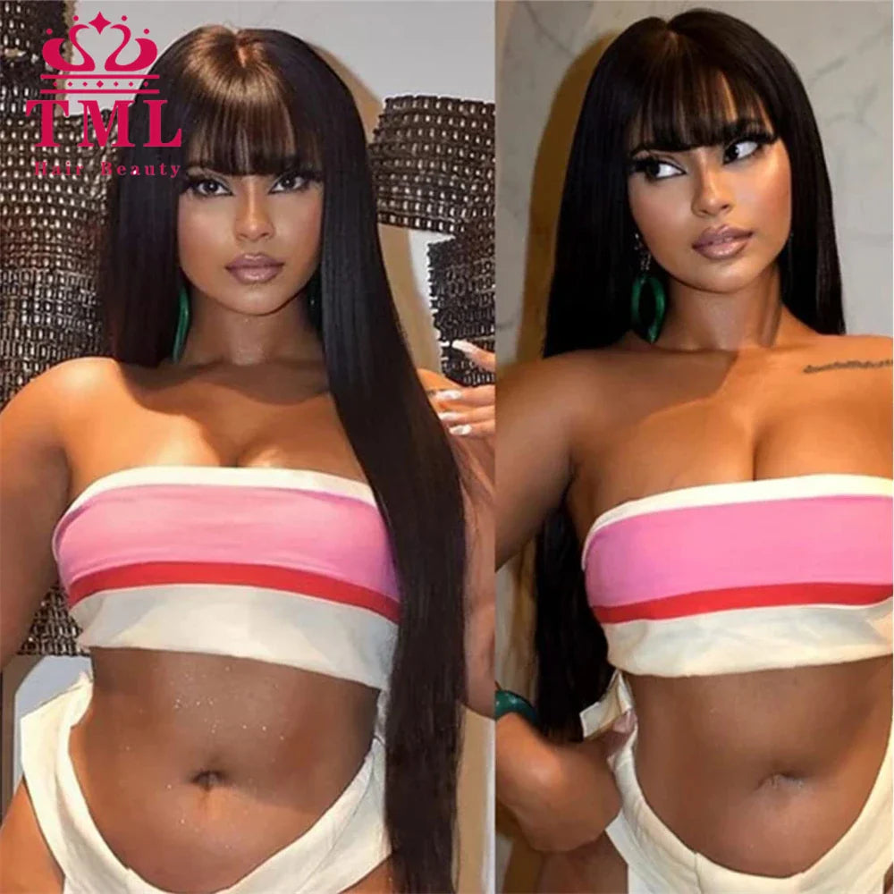 Bone Straight Human Hair Wigs With Bang Full Machine Made Wigs Natural Color Glueless Peruvian Straight Remy Human Hair Wigs