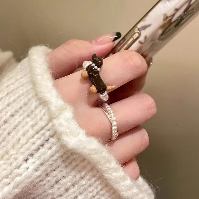 Delicate Puppy Pearl Rings for Women Girls Cute Cartoon Imitation Pearl Bead Ring Set Fashion Jewelry Accessories Student Gifts