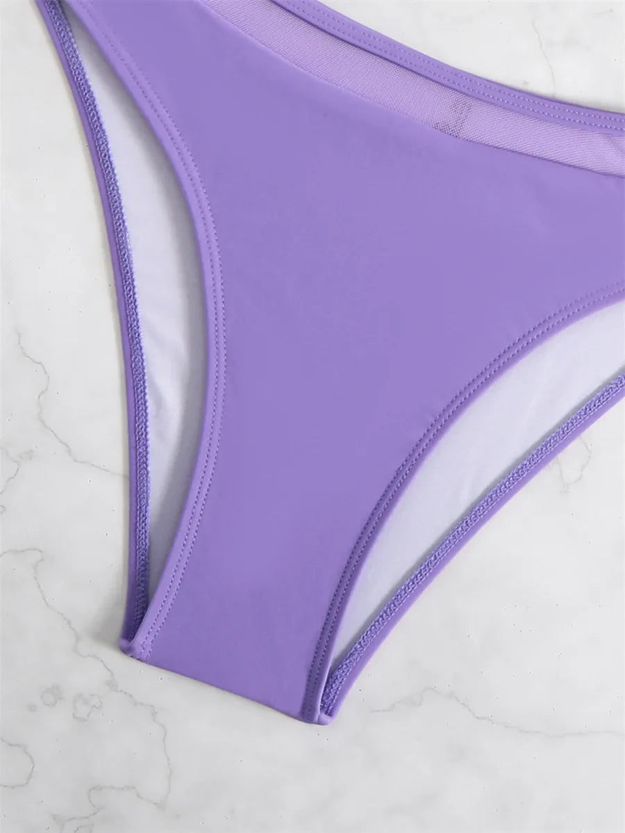 Women's Sexy Bikini Set Solid Mesh Two-Pieces Swimsuit Bra and Shorts Beachwear for Summer Surfing Vacation Swimwear 