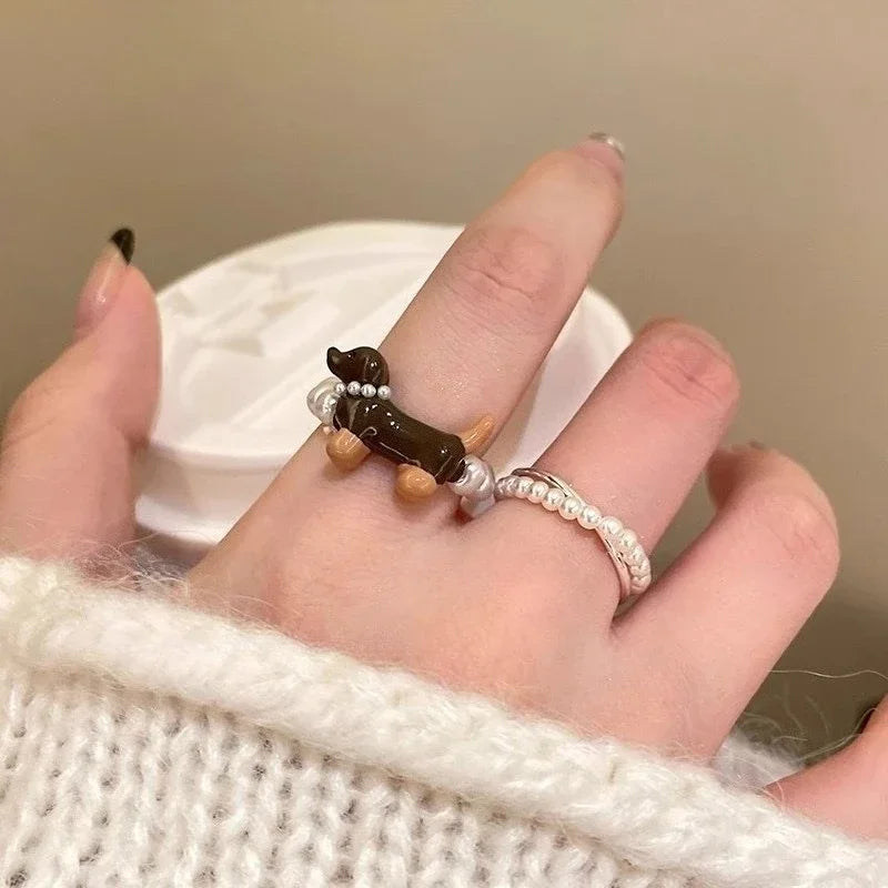 Delicate Puppy Pearl Rings for Women Girls Cute Cartoon Imitation Pearl Bead Ring Set Fashion Jewelry Accessories Student Gifts