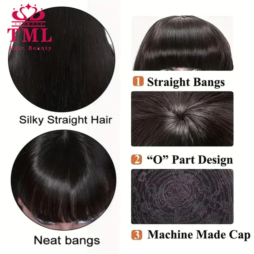 Bone Straight Human Hair Wigs With Bang Full Machine Made Wigs Natural Color Glueless Peruvian Straight Remy Human Hair Wigs