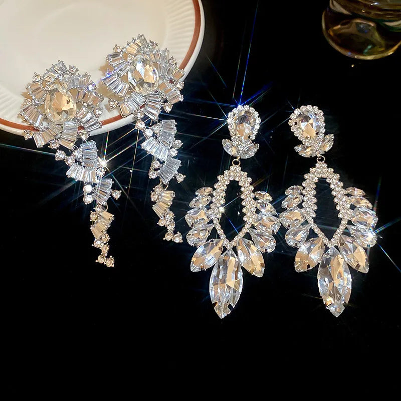 Luxury Design Sparkly Full Crystal Dangle Drop Earrings for Women Exaggerated Long Earrings Female Wedding Ear Accessories