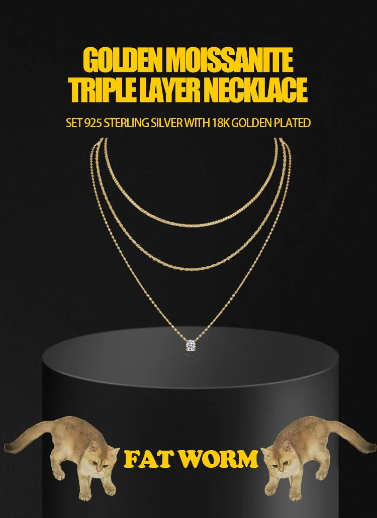 Triple Layer Necklace Moissanite Pendant S925 Sterling Silver 18K Gold Plated Minimalist Layered Jewelry for Women