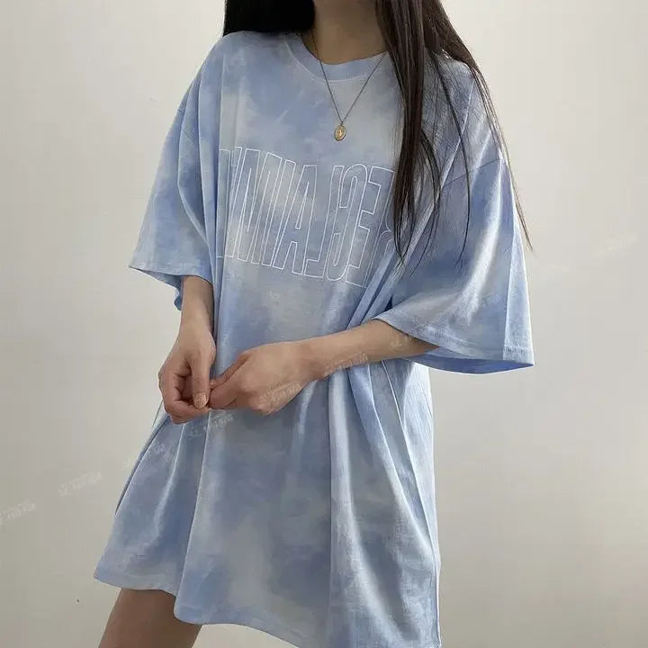 Tops Woman Summer Outfit Short Sleeve Blue T Shirt For Women Graphic Goth Women's Cheap Clothing And Wholesale Sales Clothes