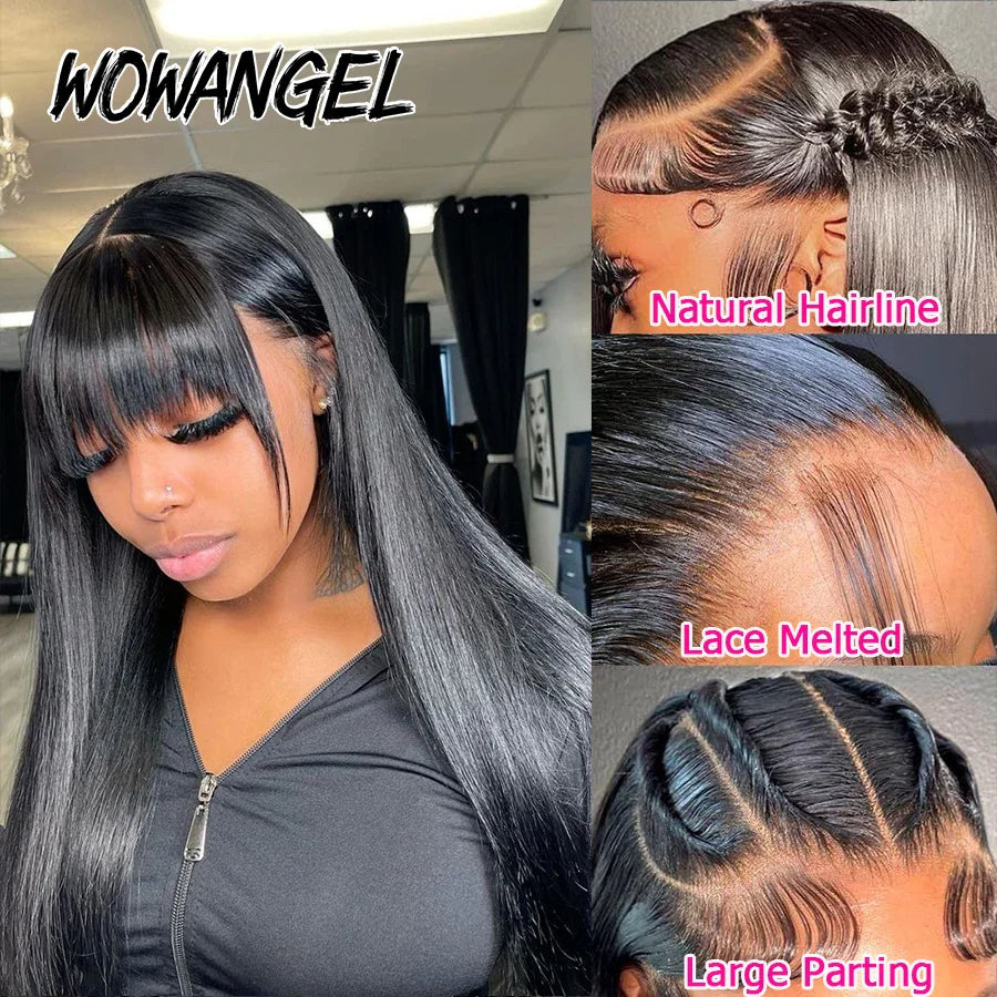 WOWANGEL Bone Straight Wig With Bangs 13x6 HD Lace Front Human Hair Wig Brazilian Vrigin Skinlike HD Lace Frontal Wigs For Women