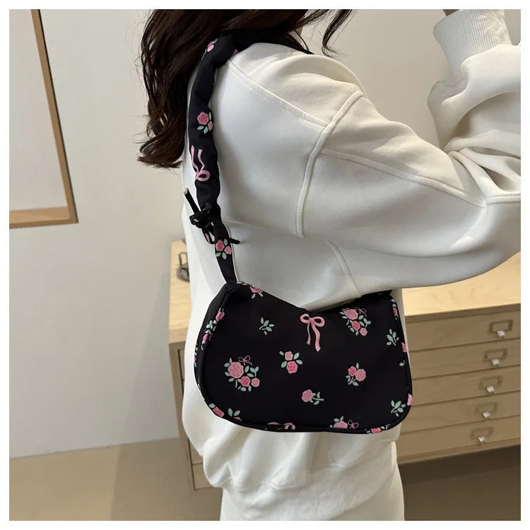 Gentle and Sweet Flower Canvas Bag for Women 2025 New Drawstring Shoulder Bag High Beauty Broken Flower Bow