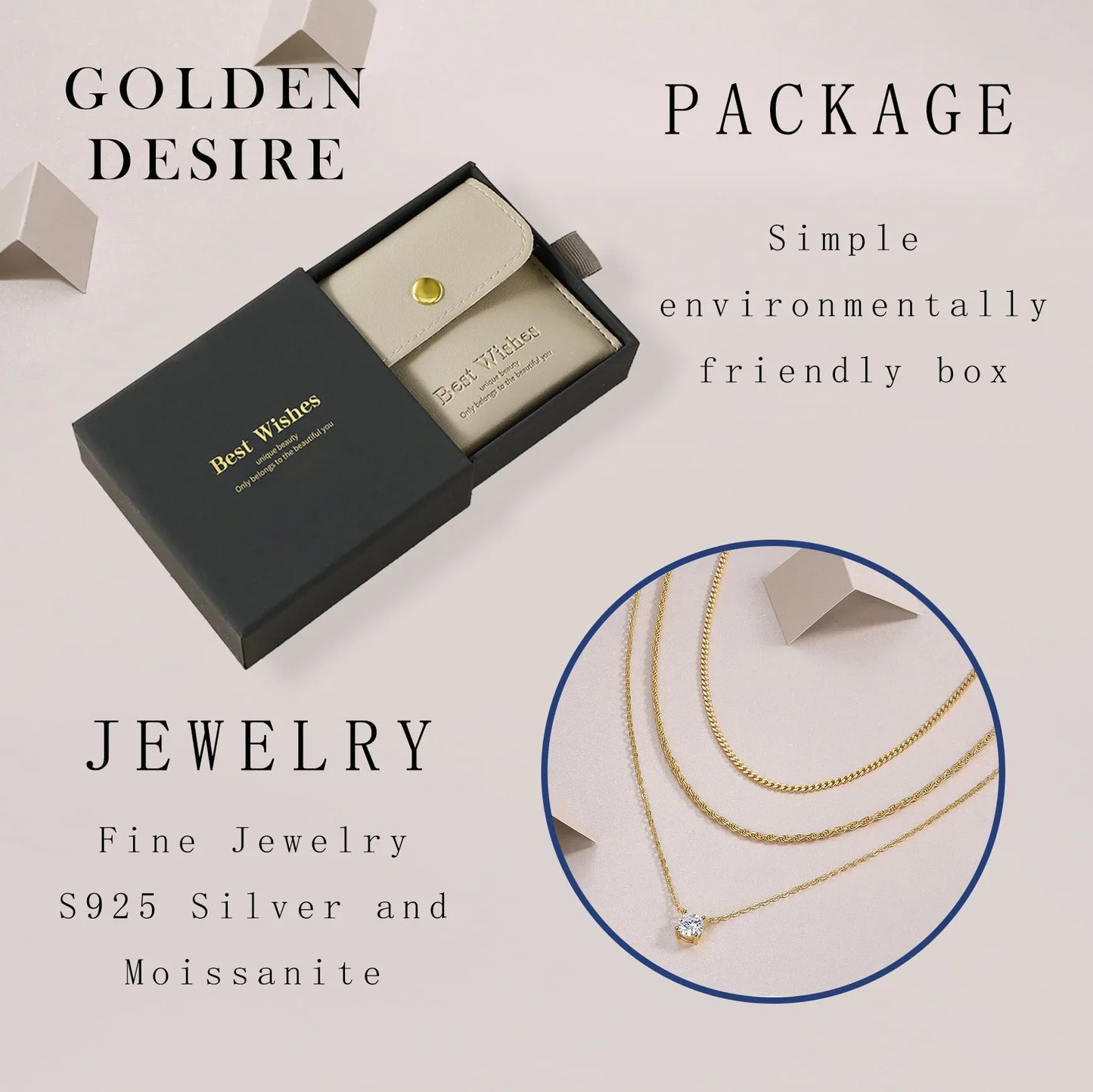 Triple Layer Necklace Moissanite Pendant S925 Sterling Silver 18K Gold Plated Minimalist Layered Jewelry for Women