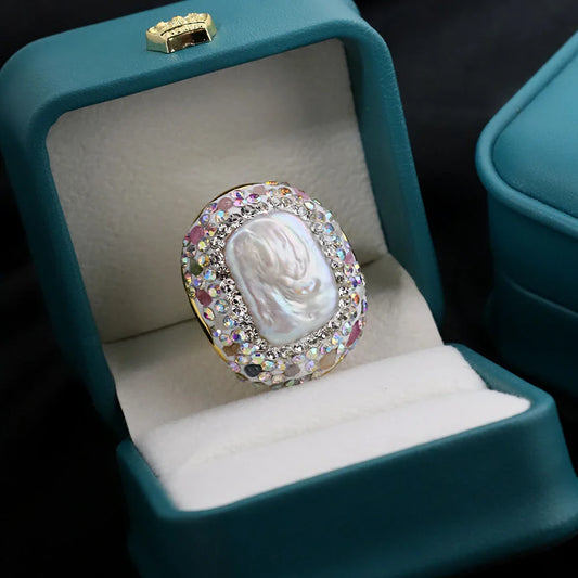 Baroque Pearl Inlaid Tourmaline Ring for Women Personalized Fashion Elegant Luxury Simple Ladies Banquet Exquisite JewelryGR0409