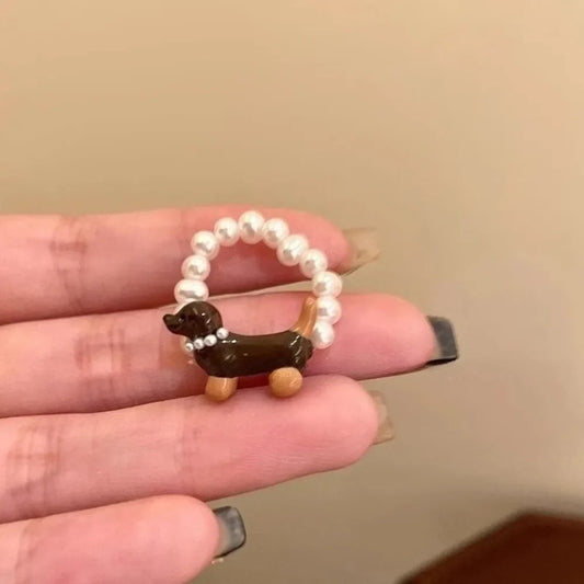Delicate Puppy Pearl Rings for Women Girls Cute Cartoon Imitation Pearl Bead Ring Set Fashion Jewelry Accessories Student Gifts