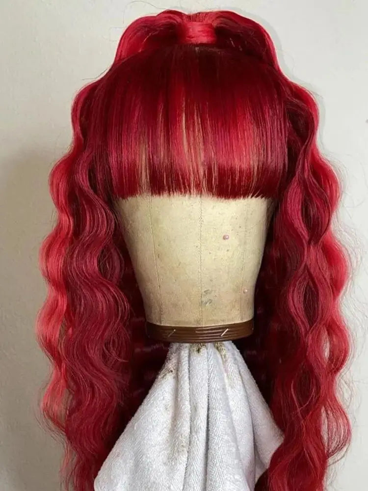 Synthetic Hair Bangs Fringe Burgundy Black Deep Wave Long  13x4 Lace Front Wigs for Black Women Glueless Cosplay Daily Wear Wigs