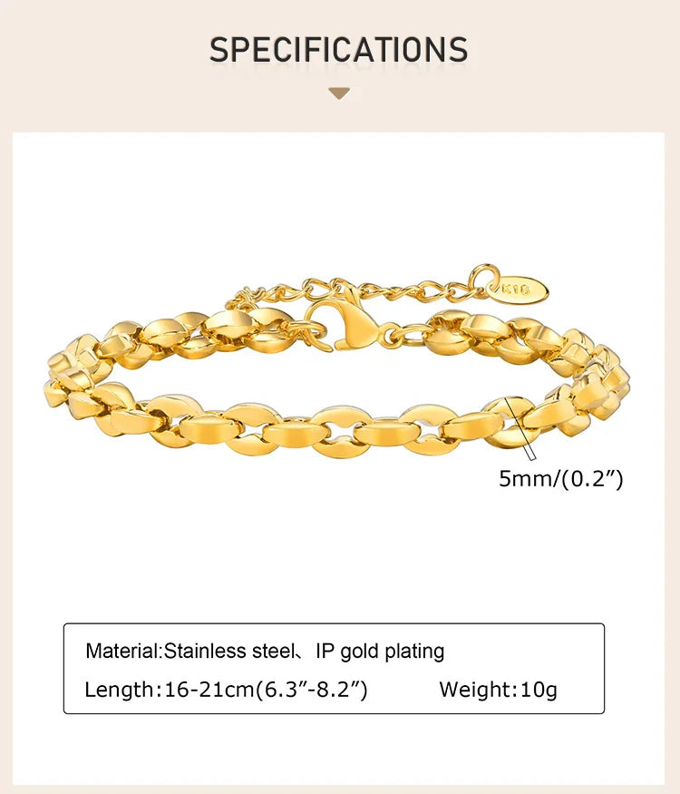 Simple Chain Bracelet for Women, 18k Gold Plated  Stainless Steel Link Adjustable
