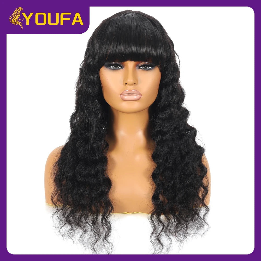 Scalp Deep Wave Human Hair Wigs 3 Inch Scalp Hairline Realistic Look Human Hair Bang Wigs 250 Density Loose Deep Wig With Bangs
