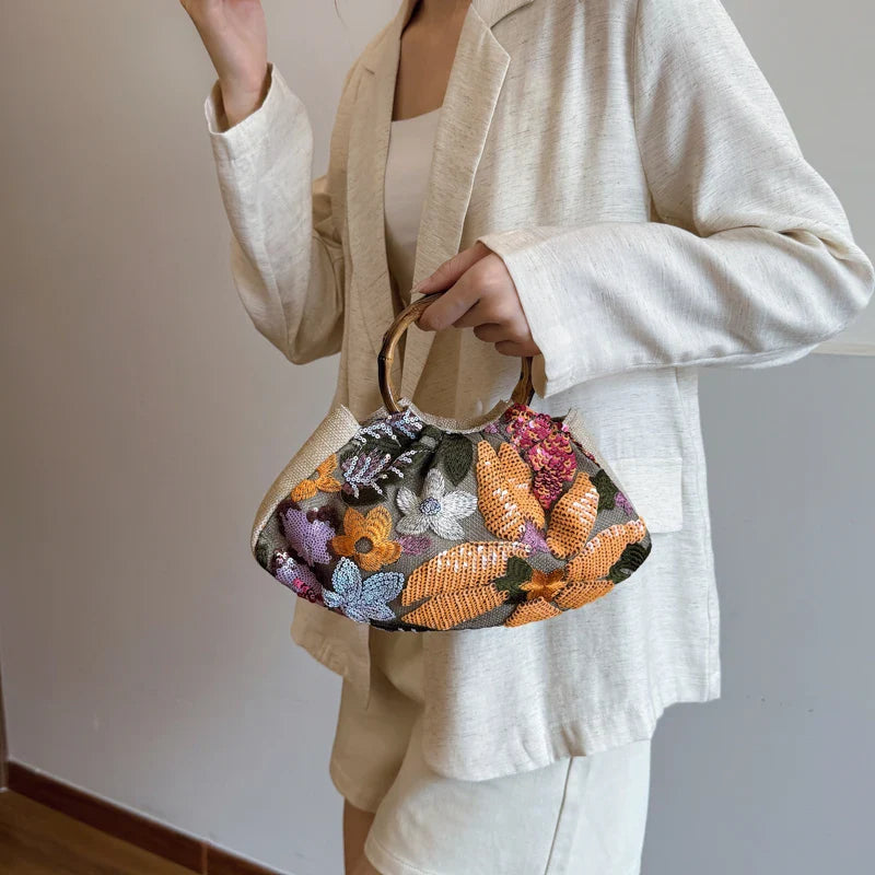 Handbags For Women Bamboo Handle Sequin Design Elegant Banquet Clutch Floral Linen Bag Women's Wrist Bags Lady Mini Purse Wallet