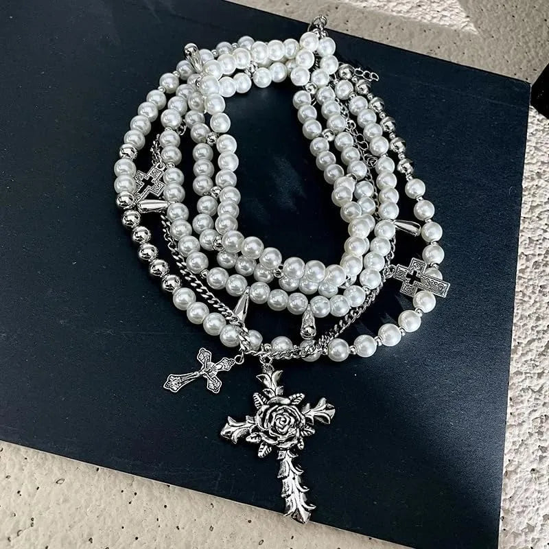 Layered Pearl Necklace for Women Gothic Cross Pearl Stacked Statement Pendant Necklace for Mom Girls Wedding Party Jewerly