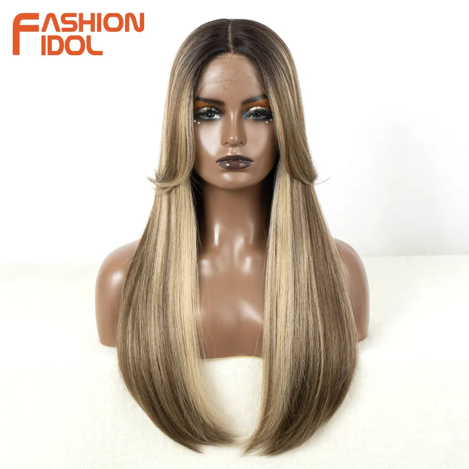 FASHION IDOL Cosplay Wig Synthetic With Bangs Lace Front Wigs For Women Ombre Brown 24 Inch Highlight Glueless Straight Lace Wig