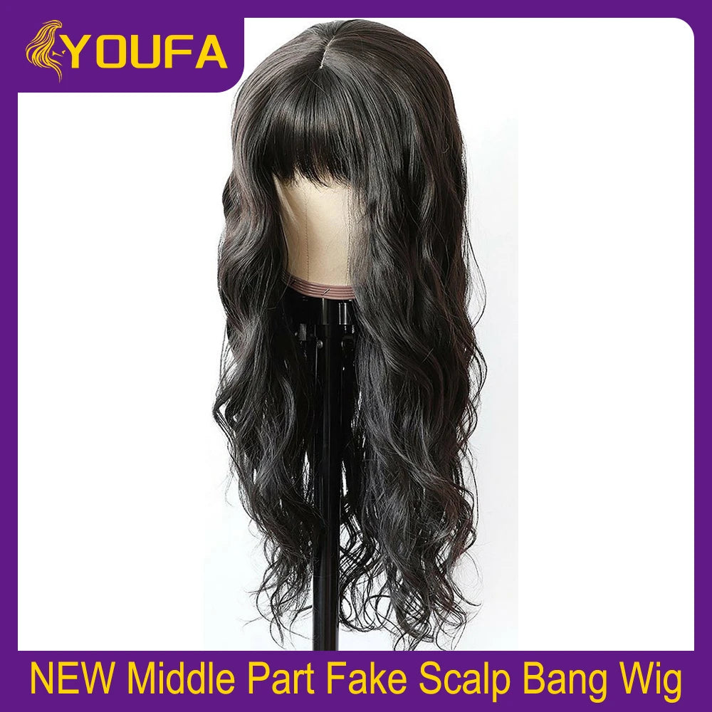 Scalp Deep Wave Human Hair Wigs 3 Inch Scalp Hairline Realistic Look Human Hair Bang Wigs 250 Density Loose Deep Wig With Bangs