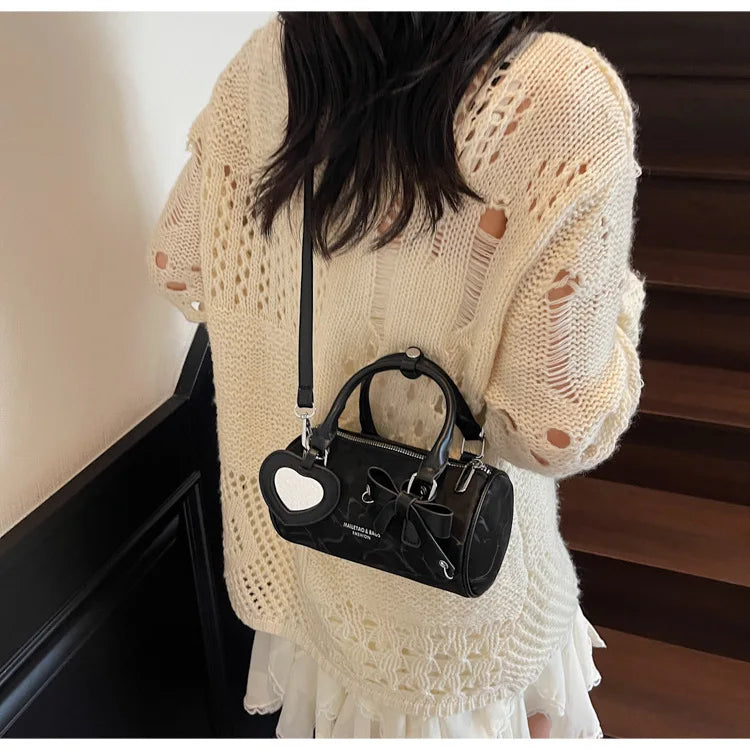2025 Bow-Embellished Boston Bag Women Fashion Shoulder Crossbody Purse Stylish Cylinder Handbag for Work Travel Outings