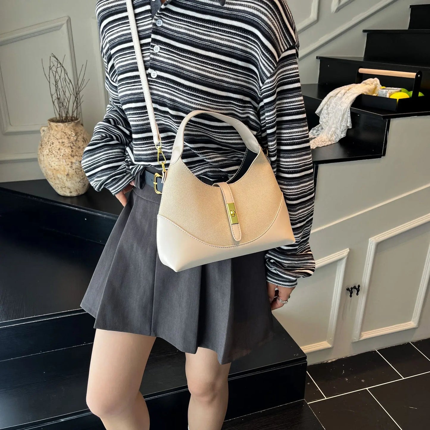 2025 Colorblock Baguette Bag for Women - Boho Vegan Crossbody, Adjustable Shoulder Clutch & Minimalist Commuter Chic
