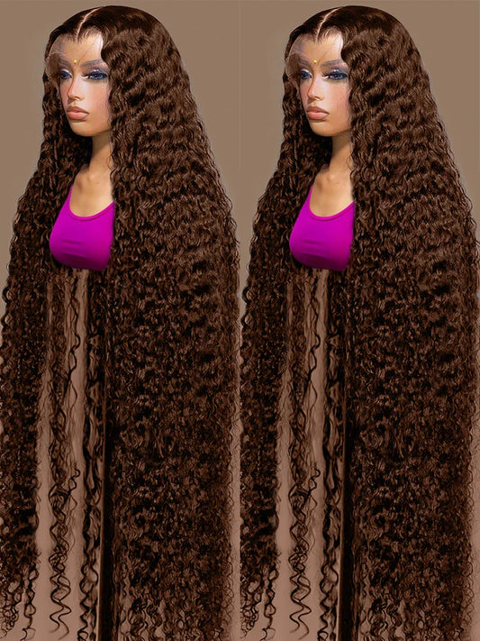 40 Inch Chocolate Brown Curly Lace Front Wig Human Hair 13x6 Deep Wave HD Lace Frontal Wig PrePlucked Glueless Wig 250% Density