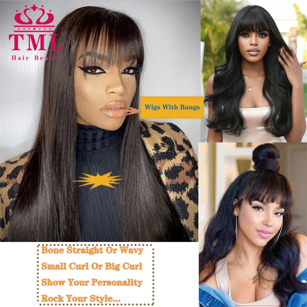 Bone Straight Human Hair Wigs With Bang Full Machine Made Wigs Natural Color Glueless Peruvian Straight Remy Human Hair Wigs