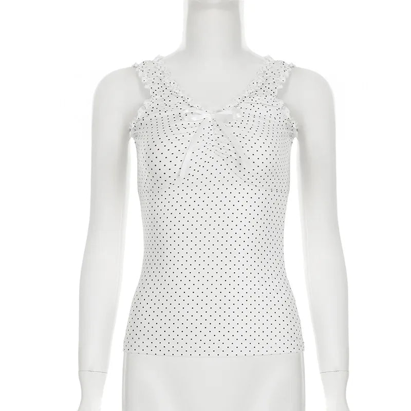 Tank Tops for Women New Summer 2025 Bow Black Sexy V Neck Cotton Sleeveless Cropped Vests Vintage Sweet Ruffles Slim Crop Top