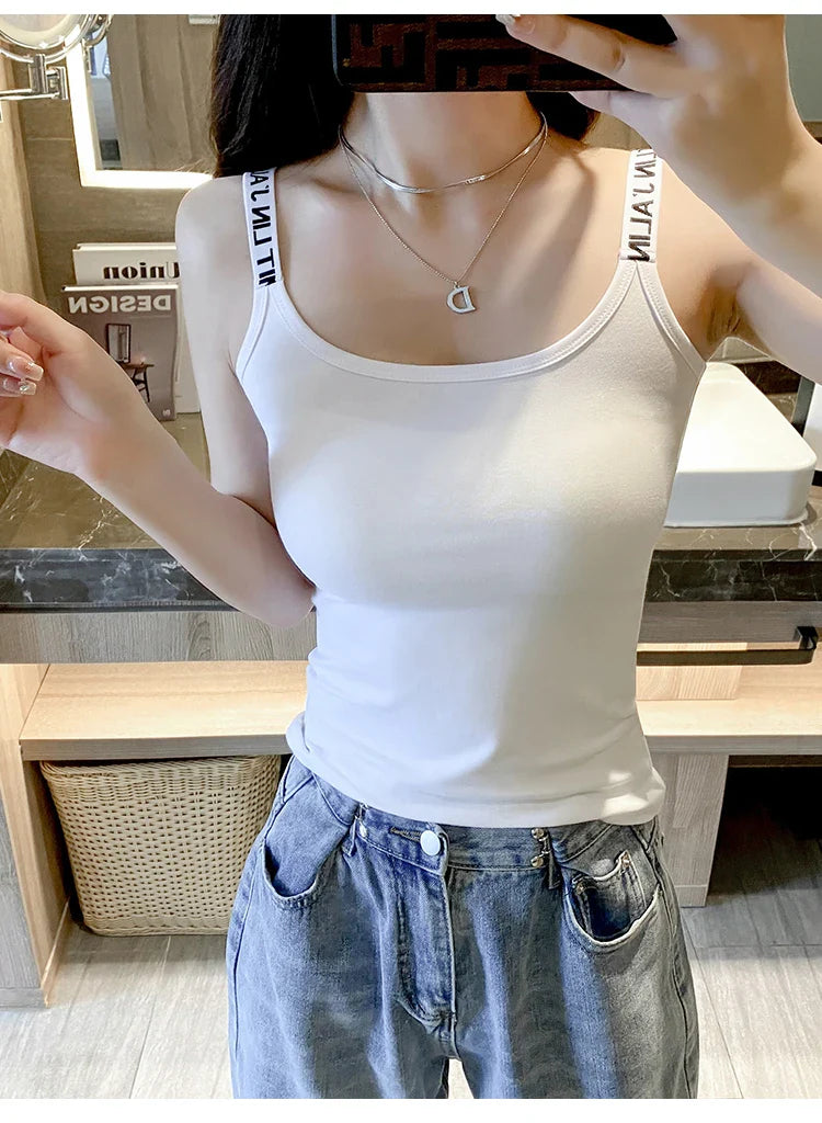 Cotton Camisole Bottom Shirt Tank Top Women Inner White Short Slim Outerwear Tops Sporty Bottom Letter Shoulder Strap